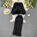 Fashionsuit female socialite elegant lantern long sleevesv neck lotus leaf swing bright shirt female high waistsequin skirt