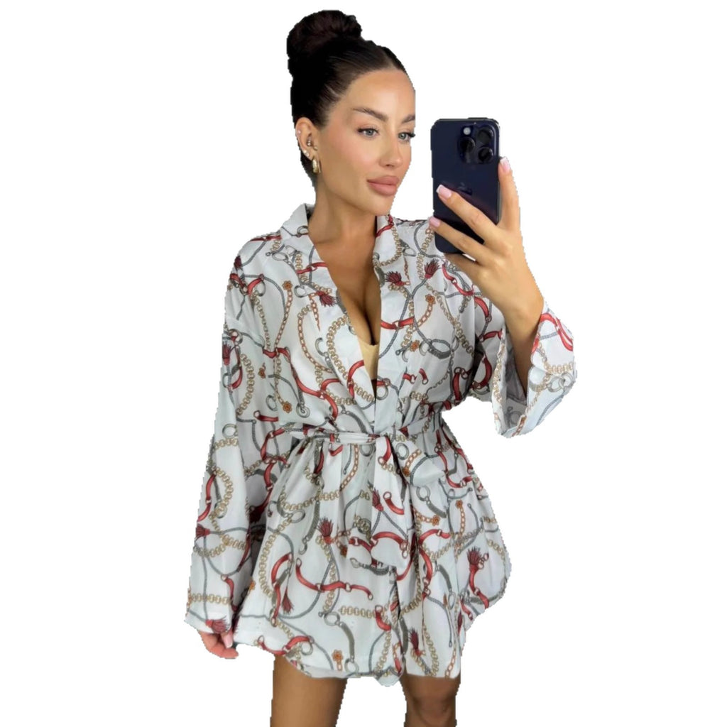 Cross-border European and American sexy deep V-neck long-sleeved cardigan shirt casual shorts women's  temperament foreign style fashion suit