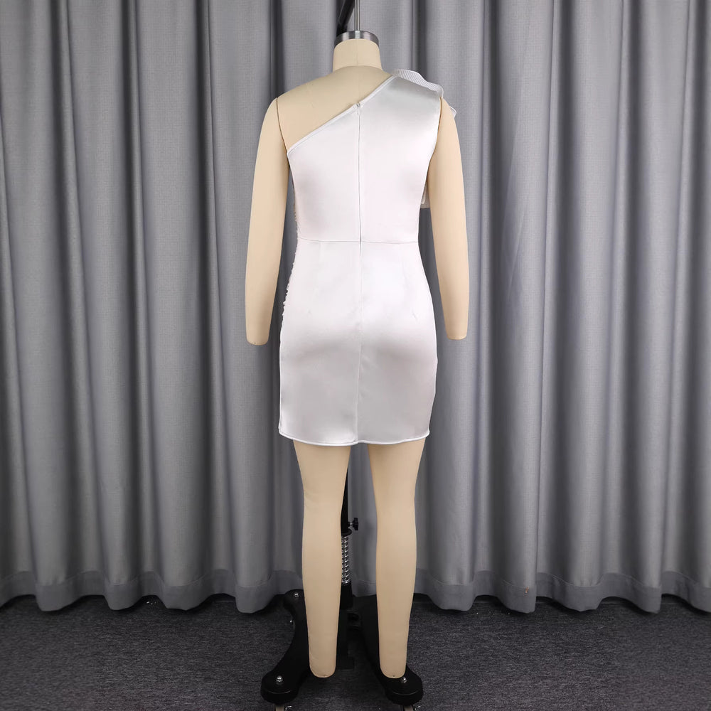 New arrivalsexy sloping shoulder whitedress classy satin stereo flower silm hip skirtsexy dress