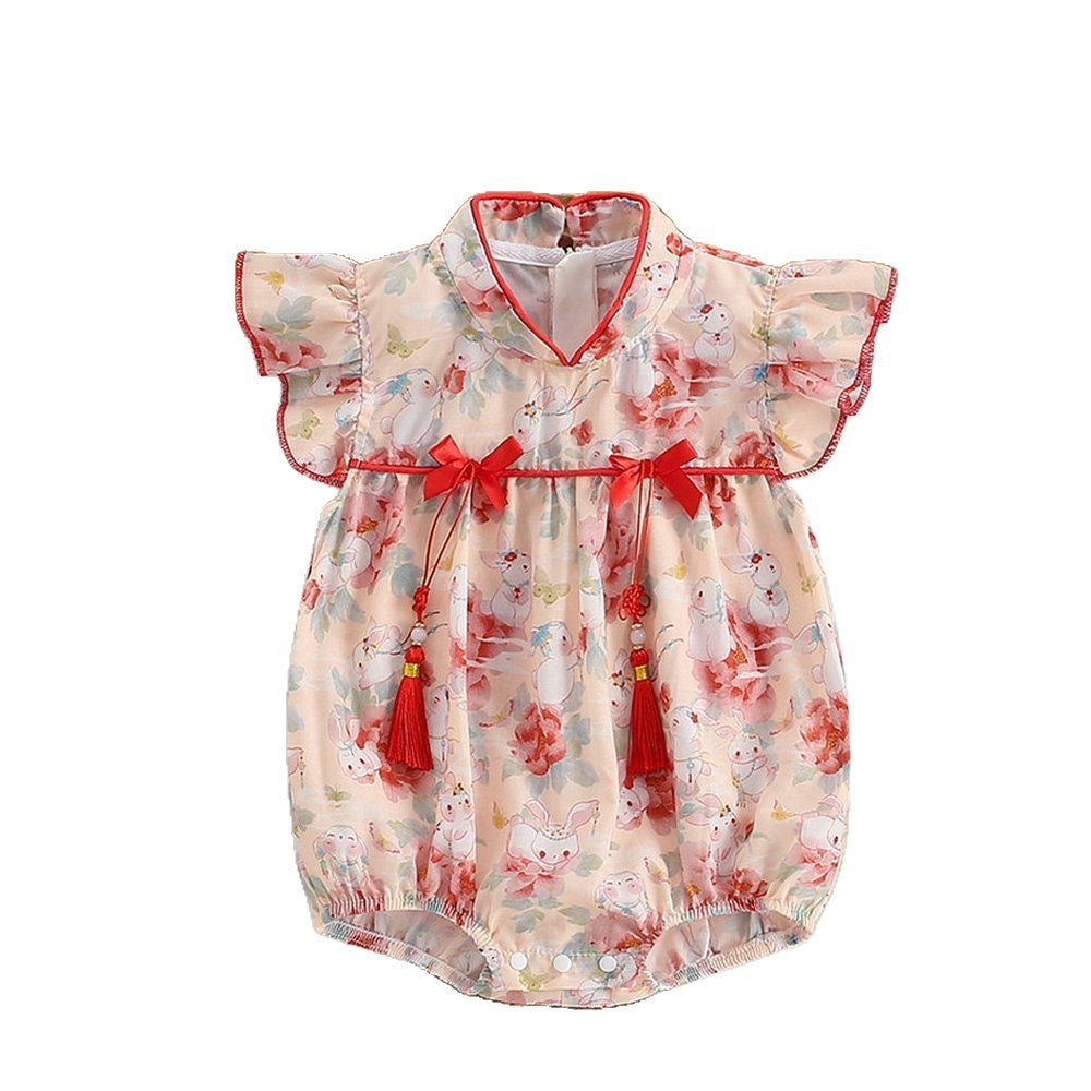 Summer baby chinese style clothes for baby girls with flying sleeves and triangle climbing clothes for girls to go out and cover their buttocks, sister outfits