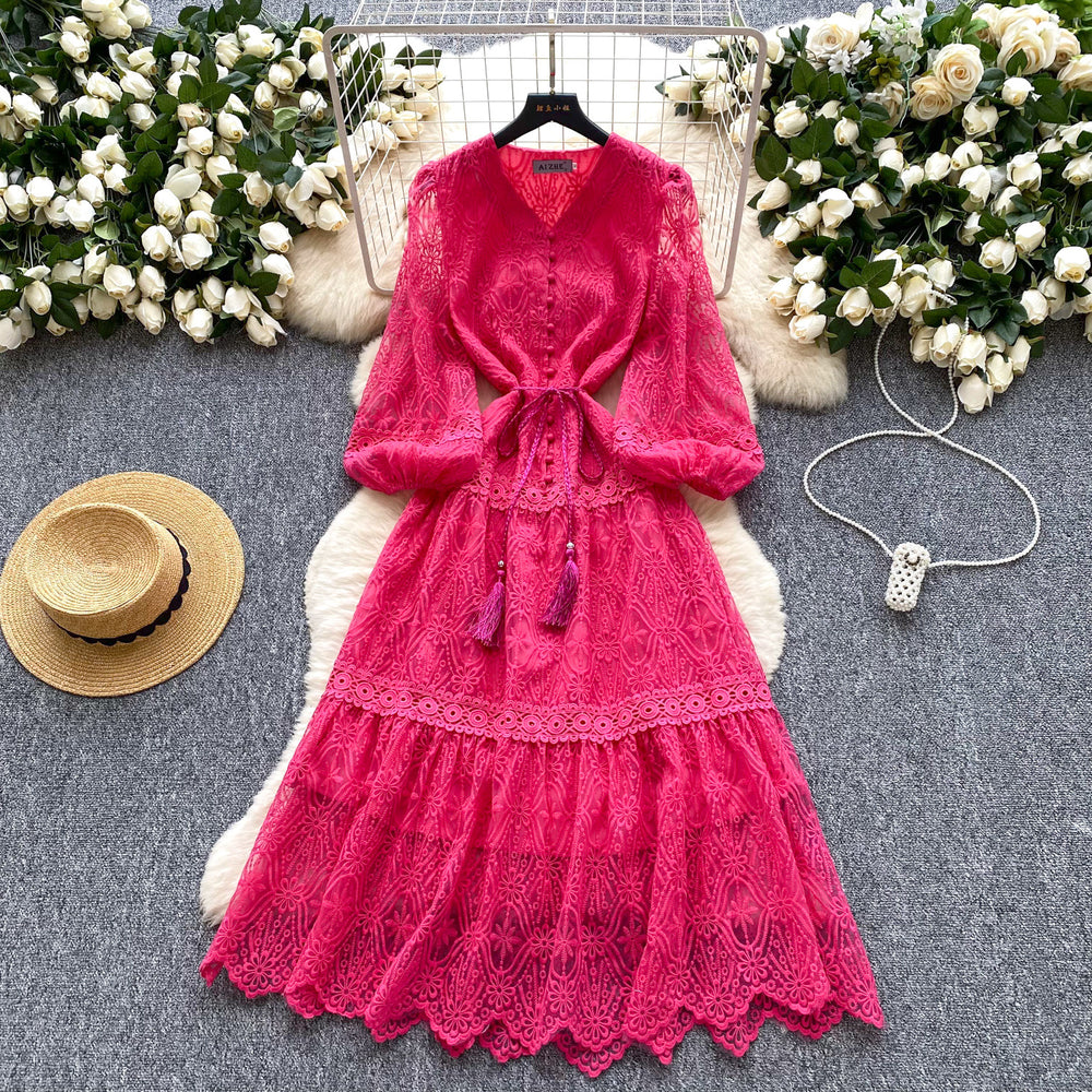 French chic high-end elegant dress - women's premium tie-waist lantern sleeve embroidered mesh a-line midi dress