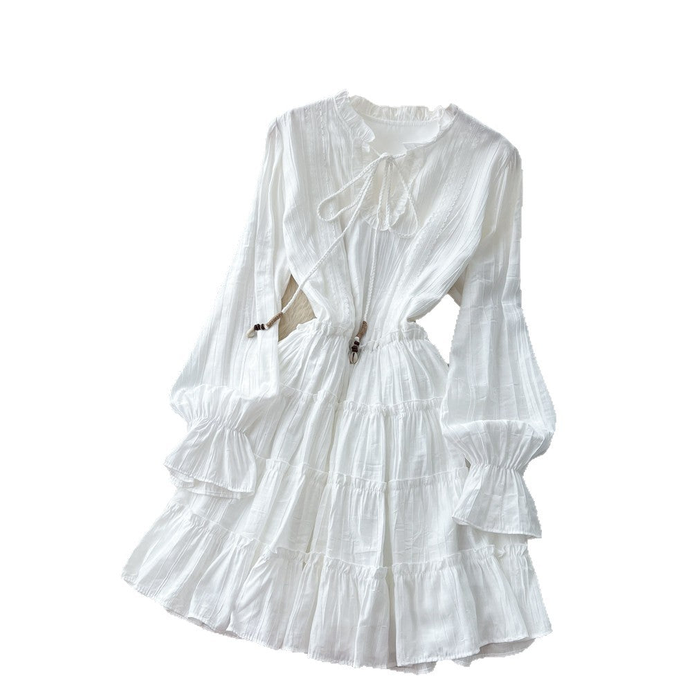 Korean style white lantern sleeve slim-fit dress - women's spring/autumn ruffle trim tie-waist a-line dress