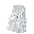 Korean style white lantern sleeve slim-fit dress - women's spring/autumn ruffle trim tie-waist a-line dress