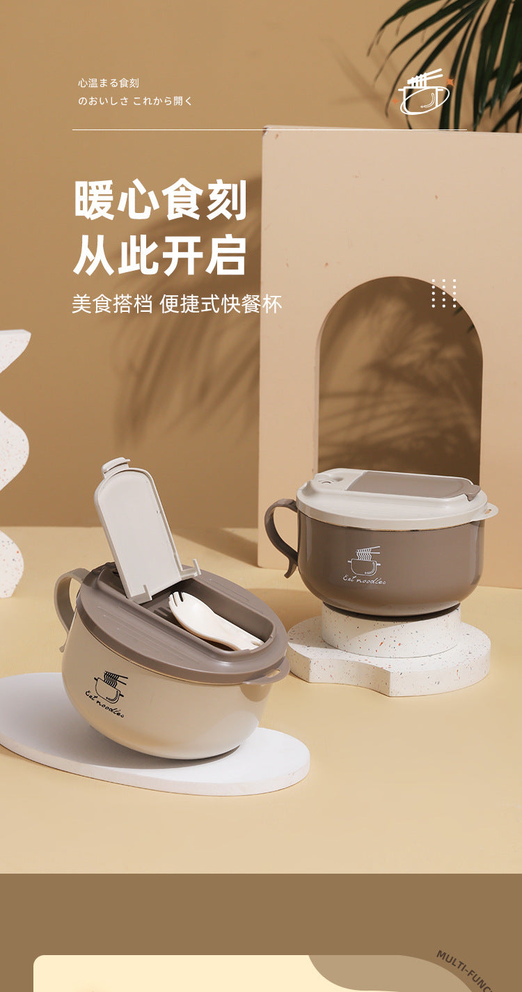 304 stainless steel instant noodle bowl with strainer, collapsible noodle cup, folding cutlery, airtight lunch box with lid, student dormitory meal container