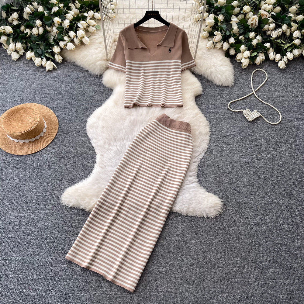 Frenchstripesknitting shirt high waist skirt two-piece set women's summer lazy work clothing styleelegantfashionsuit