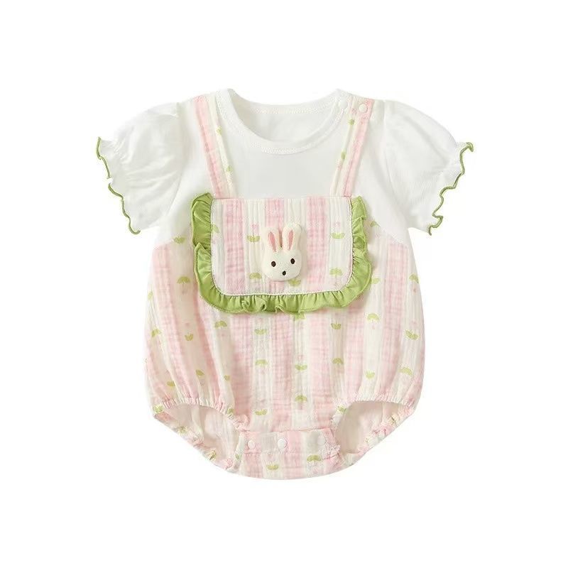 Girls' summer bodysuit new style korean style little rabbit baby girl thin clothes short sleeve chic children's clothing