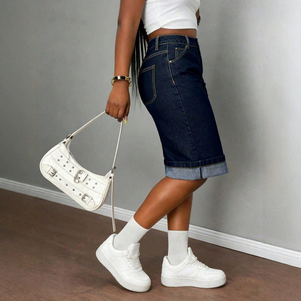 Fashionjeans women's dark original cow hem half length pants american casualhigh waiststraight-legloose denim half length pants