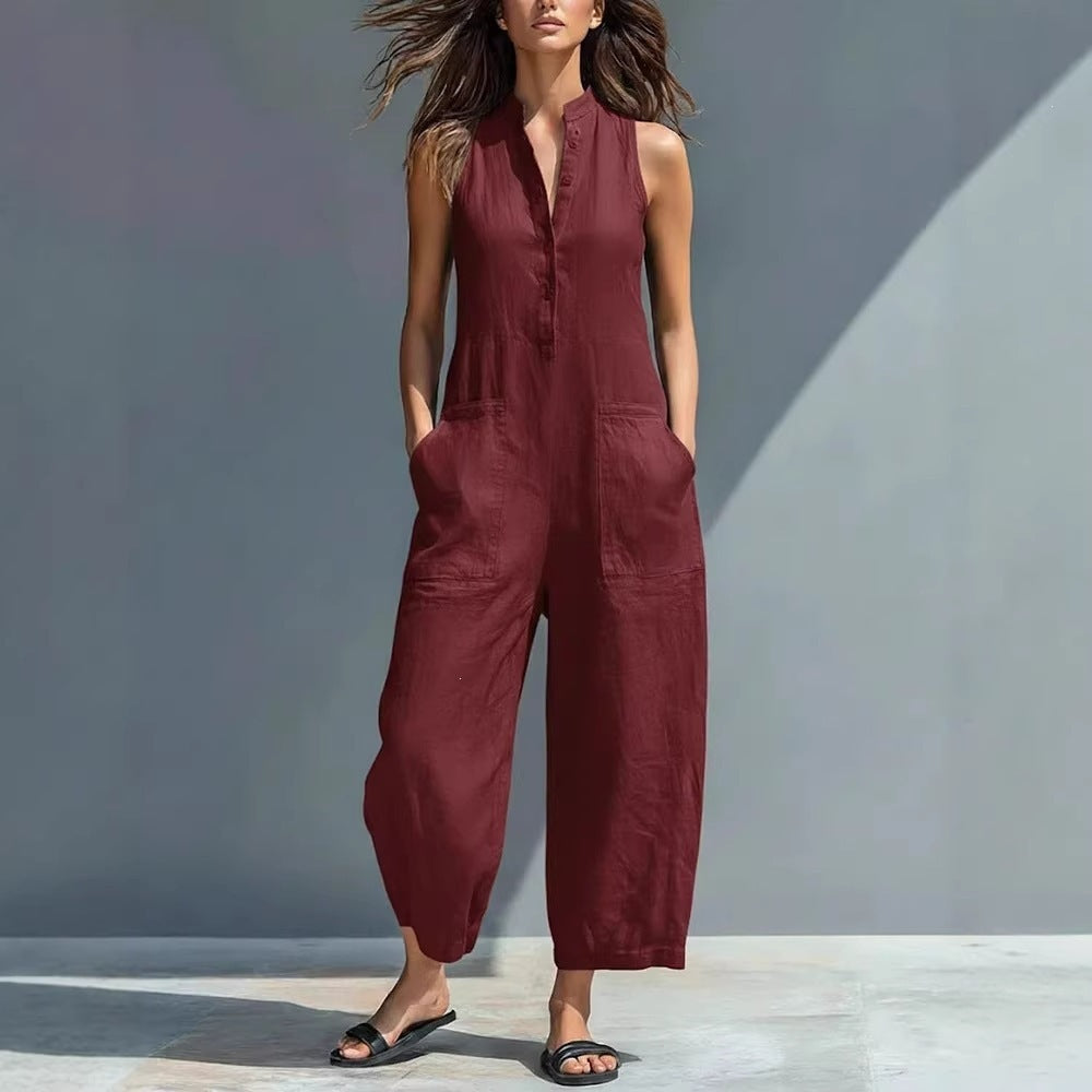 european and american women's clothing  independent station casual women's sleeveless stand collar pocket jumpsuit independent station black