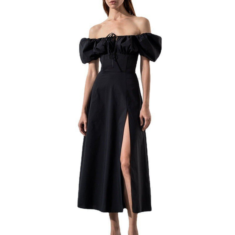 cross-border e-commerce european and american women's clothing: new summer collection - bubble sleeve, high-waisted, slit, solid color vacation dress