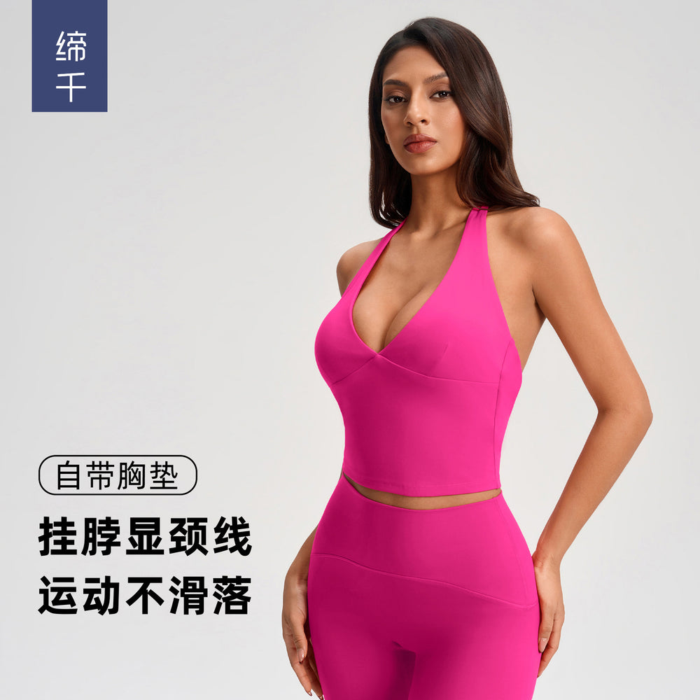 Deep v neckhalter style vest female sexyshortbackless free bra fitness yoga wear topsyg-1006