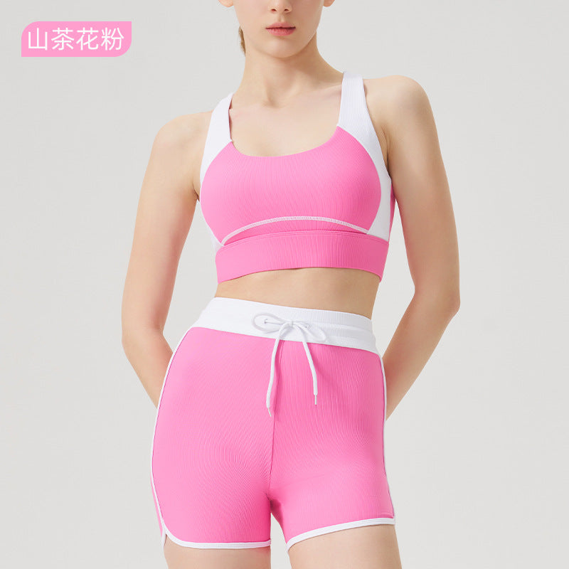 Spring/summer high-waisted activewear set for women - color block, open back, body-hugging, barely-there feel yoga set with running shorts - gym & yoga apparel