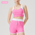 Spring/summer high-waisted activewear set for women - color block, open back, body-hugging, barely-there feel yoga set with running shorts - gym & yoga apparel