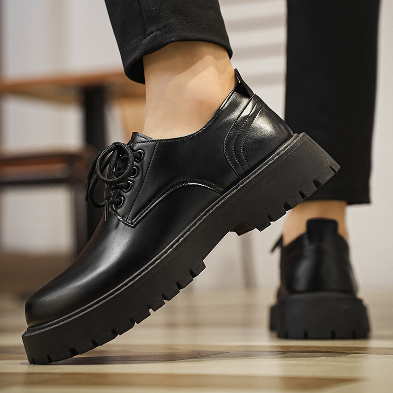Autumn new men's casual leather shoes, retro work boots, lace-up soft sole breathable height increasing chunky sole oxfords