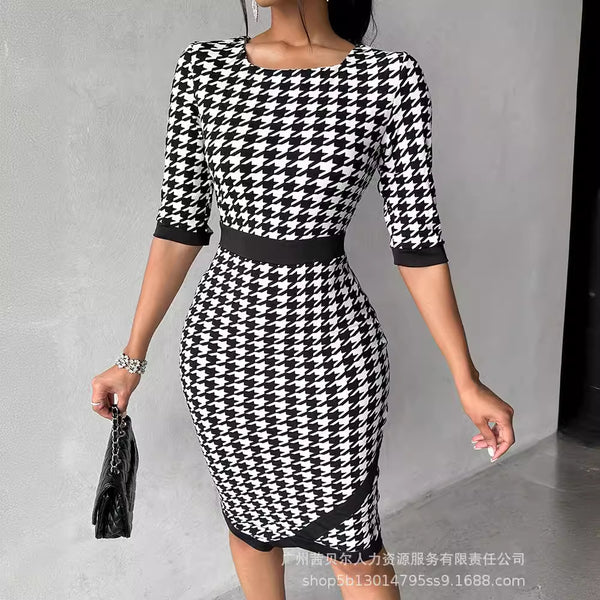 2024 women's clothing European and American new thousand bird grid contrasting color printing commuter skirt LZ3173A2