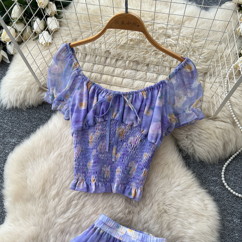 French chic floral two-piece set: summer tie-waist top & mesh tiered skirt