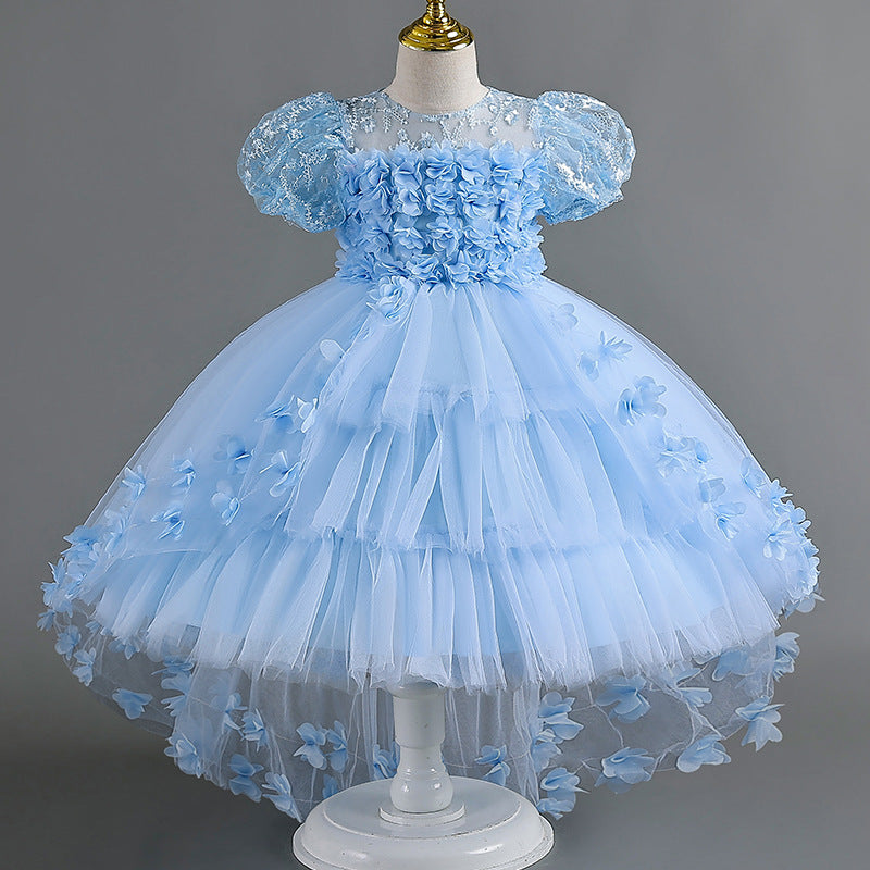 New arrival: lace petal children's formal dress - princess wedding gown with train for little girls