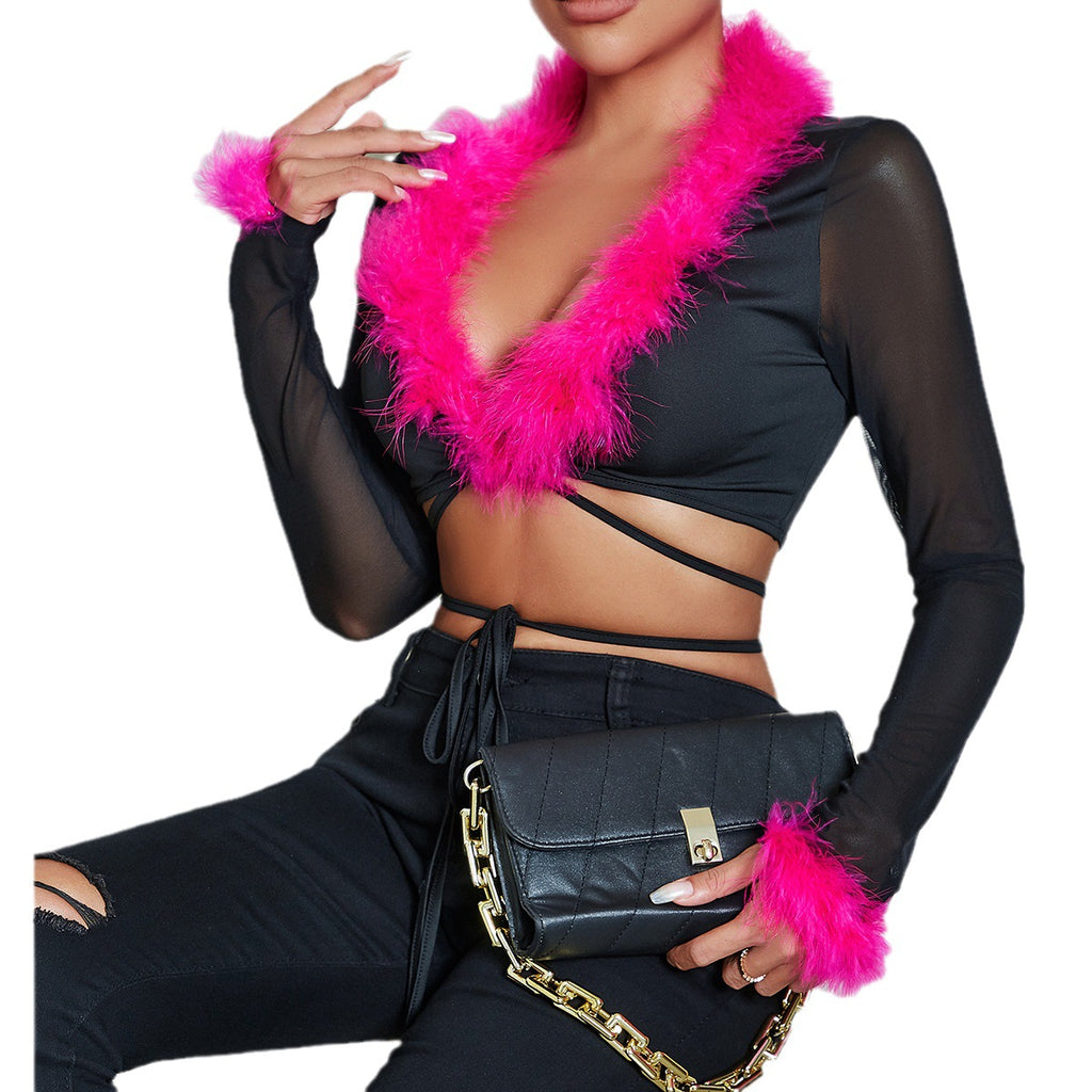 European and American  women's clothing autumn new high-end hairy heart machine strap cardigan sexy V-neck slim top women