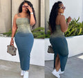 European and american cross-border women's fashion  new sexy hot girl gradient bandeau slit bodycon stretch denim skirt