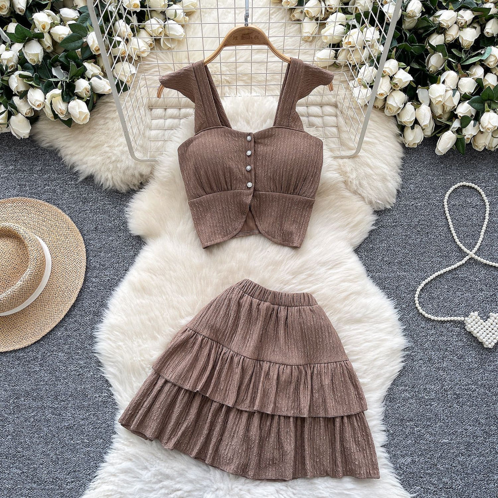 Summer outfit set for petite women: gentle style square neck cami top with flutter sleeves and ruffle mini skirt
