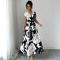 printed a-line dress - women's spring slim fit, waist-defining, figure-flattering, elegant v-neck dress