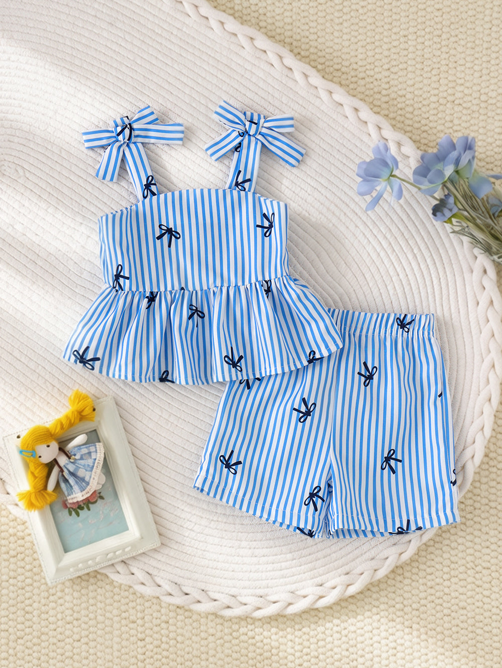 Kids clothing cross-border i  fashion children's clothing new arrival children's blue stripes vest + shorts
