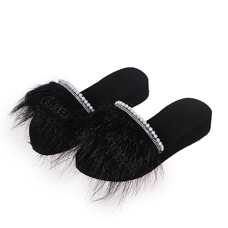 Women's slippers - new spring/summer 2024 collection: flat, one-strap fuzzy slides, round toe, women's sandals, plus size shoes, pearl slides