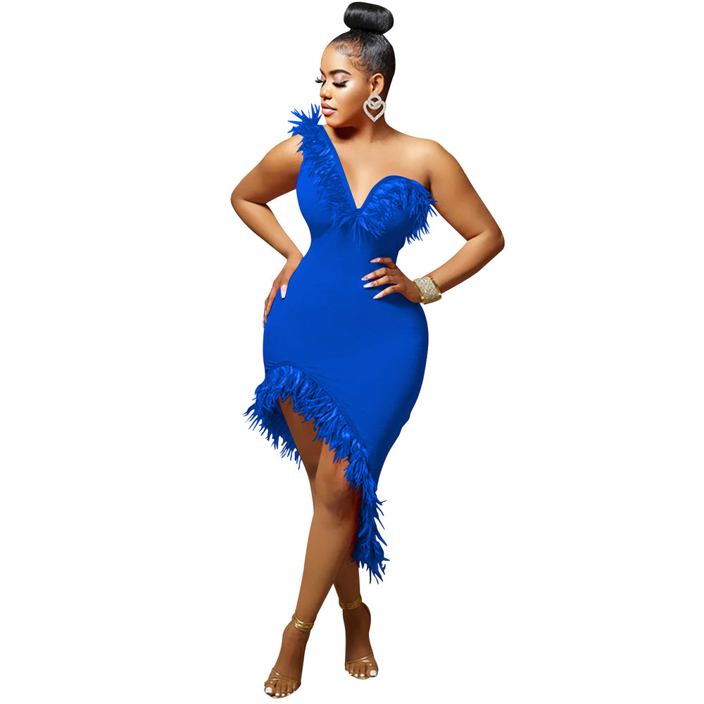 X5907   fashion new product pure colorv neck sleeveless chest wrap feather asymmetrical midi skirt dress