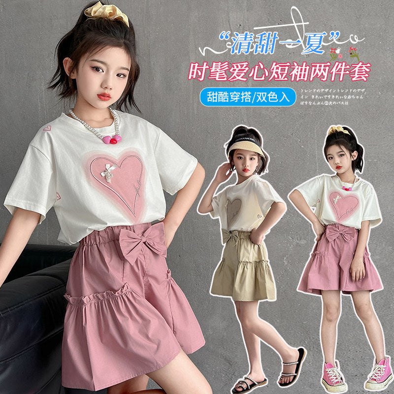 Girls' summer korean style outfit  new casual girl's short sleeve and shorts two-piece set student sweet t-shirt