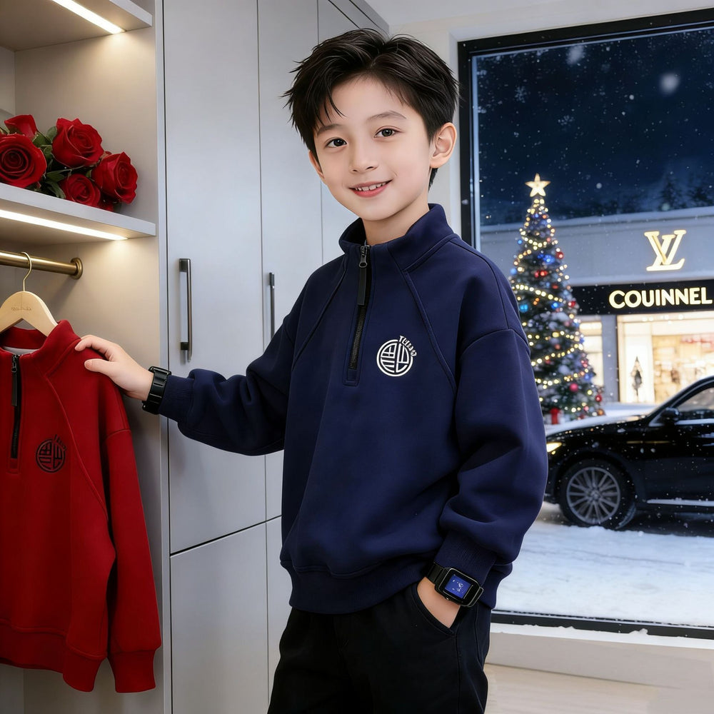 Kids' stylish red mock neck solid color sweatshirt - new spring/autumn collection for boys - half-zip stand collar top - year of the horse edition