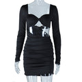 European and american style ins foreign trade women's backless sexy ruched streetwear dress solid color long sleeve v-neck bodycon mini dress