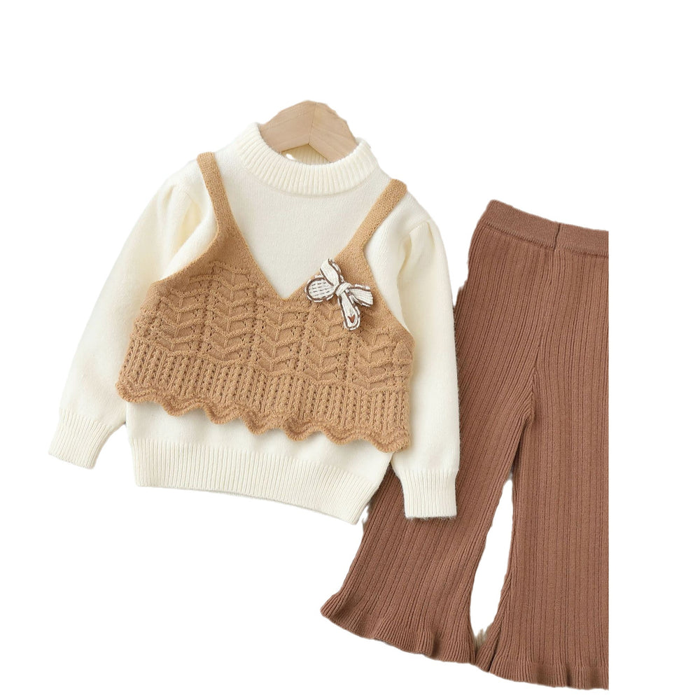 Girls' knitted sweater two-piece set -  autumn/winter new collection - bowknot cardigan and knit sweater outfit for little girls