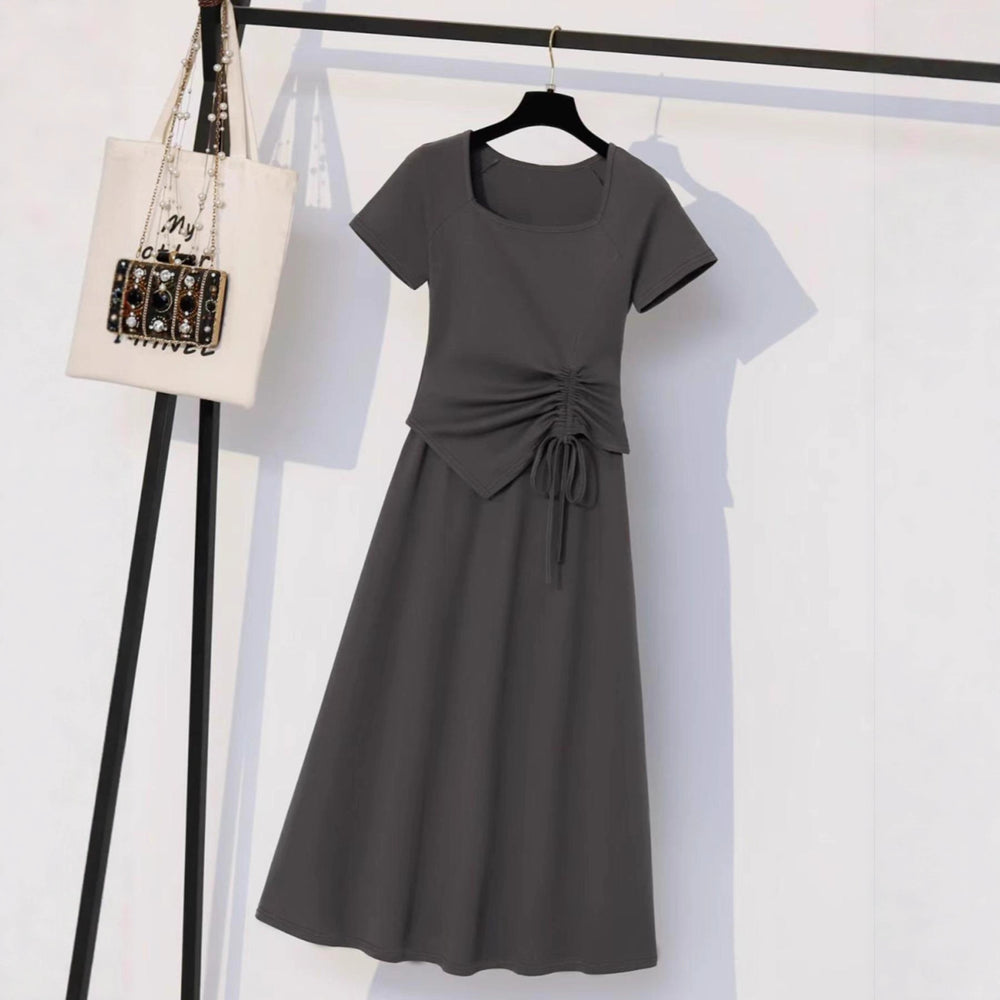 Japanese and korean lazy style asymmetrical square neck design gray dressfrenchclassy sense of wear long skirt suit