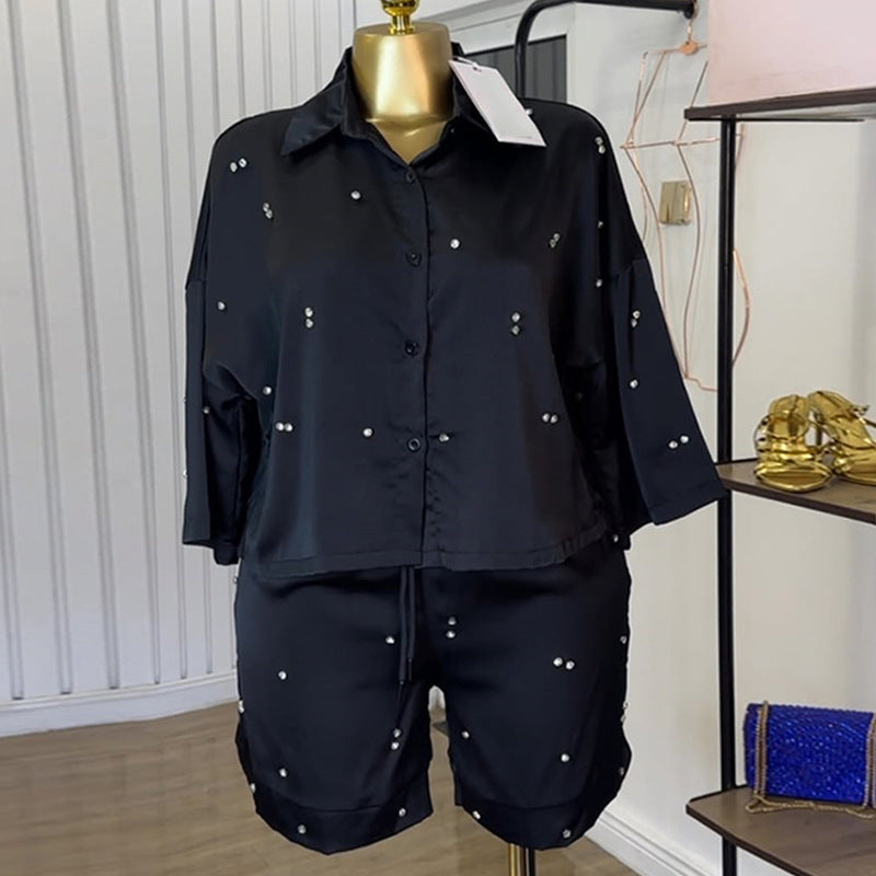 European and american cross-border women's fashion:  summer new arrival - stylish turn-down collar, loose fit, rhinestone-embellished shirt and wide-leg shorts casual set