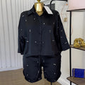European and american cross-border women's fashion:  summer new arrival - stylish turn-down collar, loose fit, rhinestone-embellished shirt and wide-leg shorts casual set
