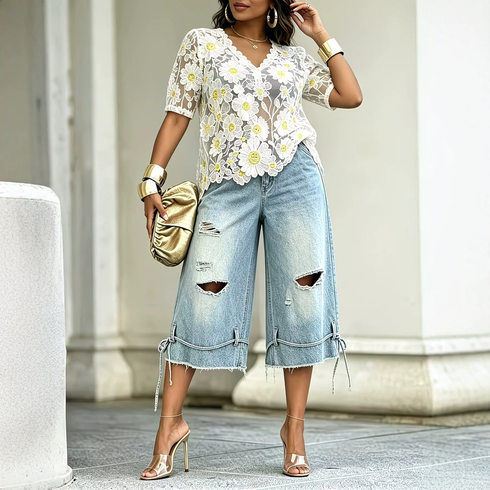 European and american jeans women's washed big holes cropped loose pants drawstring raw edge plus size loosecasualsummer thin style