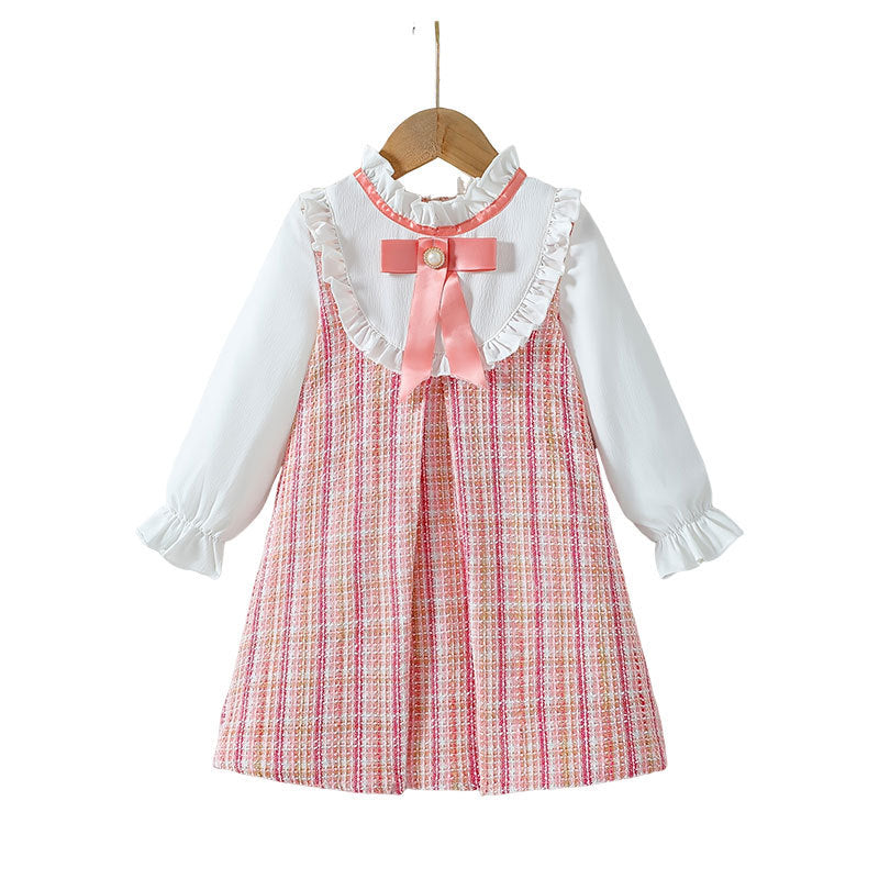 New spring/autumn girls' lace-trimmed shirt dress - two-piece look, gentle & elegant, chanel-inspired style with bow tie
