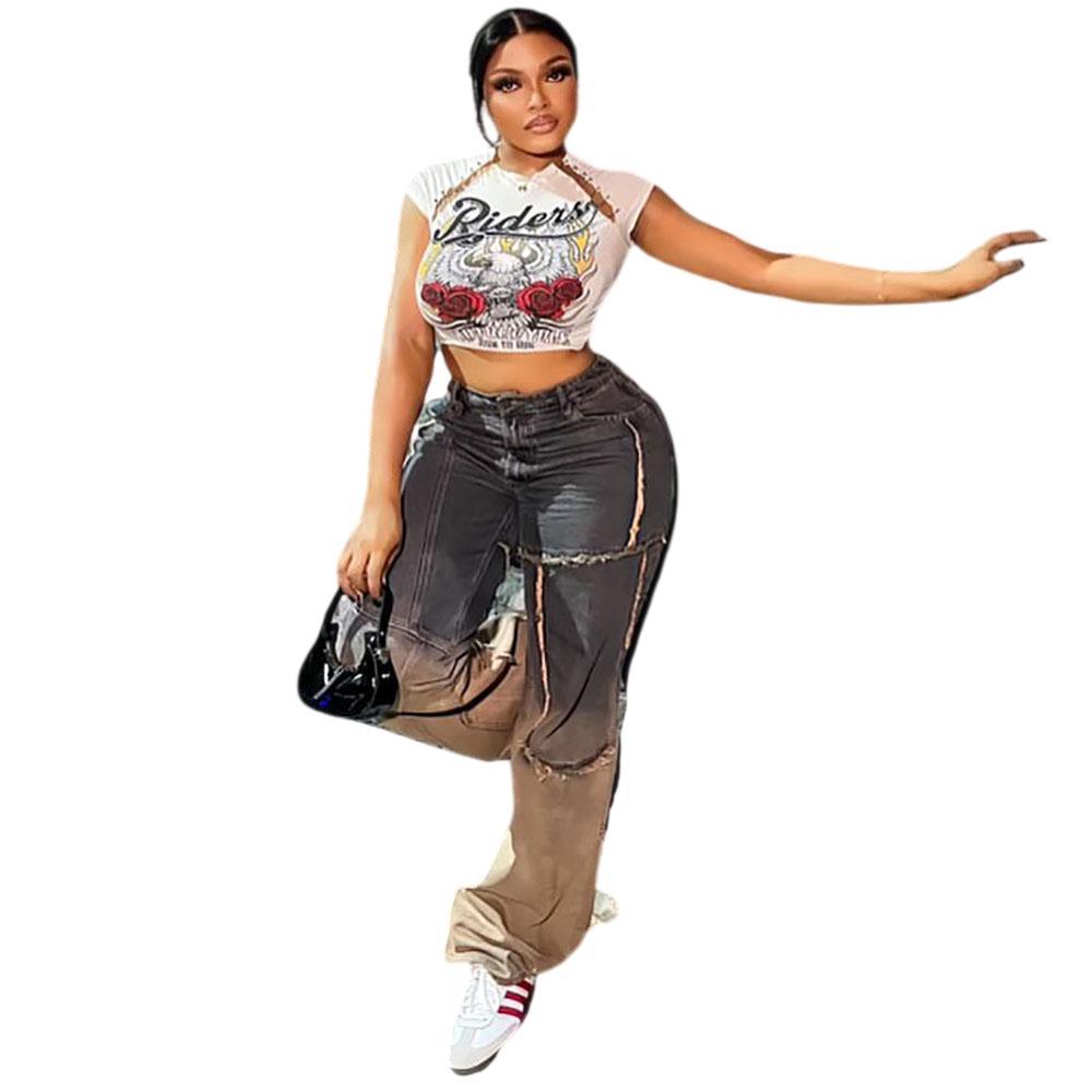 European and american women's gradient denim jeans -  cross-border fashion, street style, brushed, split, and patchwork casual pants