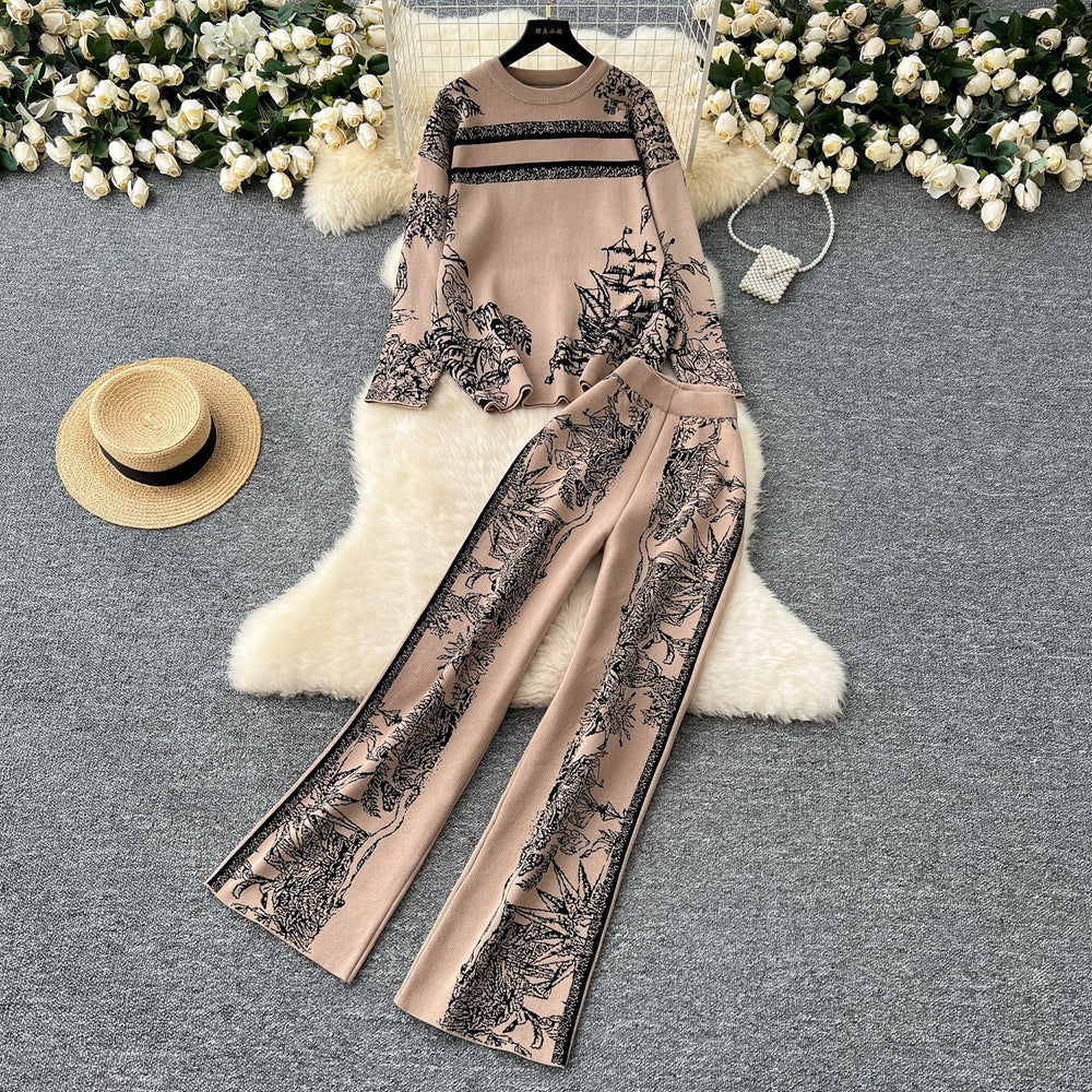 European and american style women's fashion set: chic and versatile round neck long sleeve jacquard knit sweater top with high-waisted casual wide-leg pants