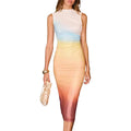 european goods summer urban chic gradient ruched crew neck midi sleeveless dress for women