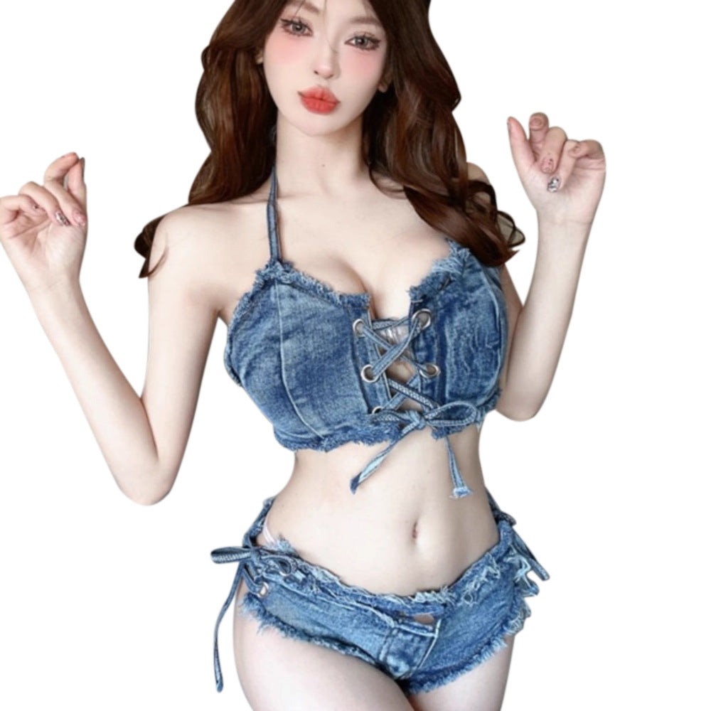 Spice Girl Fashion Temperament Denim Suit Seaside Sexy Super Short Skinny Suspender + Low Waist Triangle Shorts Two-piece Set