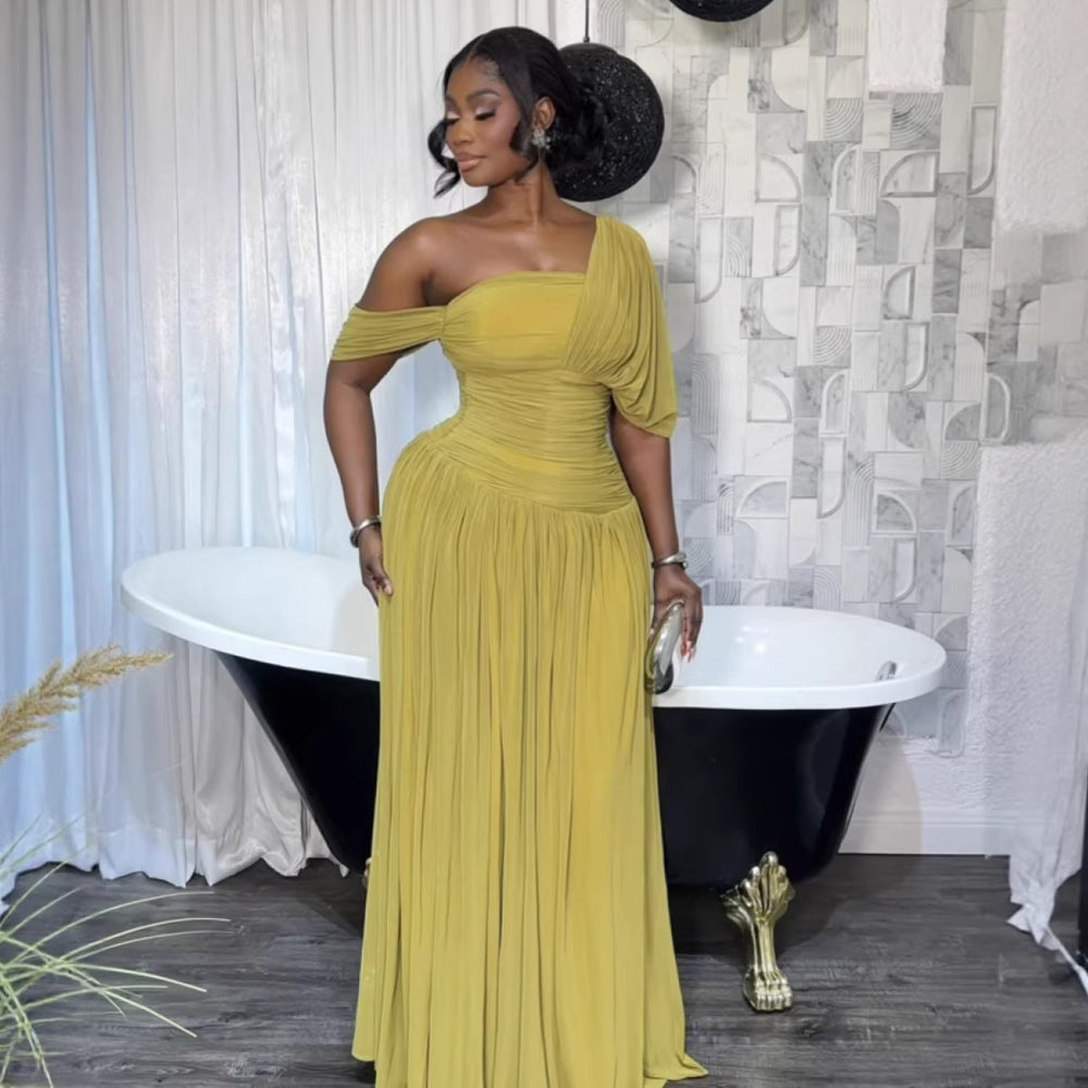 European and american cross-border african women's clothing  summer new arrival: elegant ruched solid color one-shoulder evening gown long dress