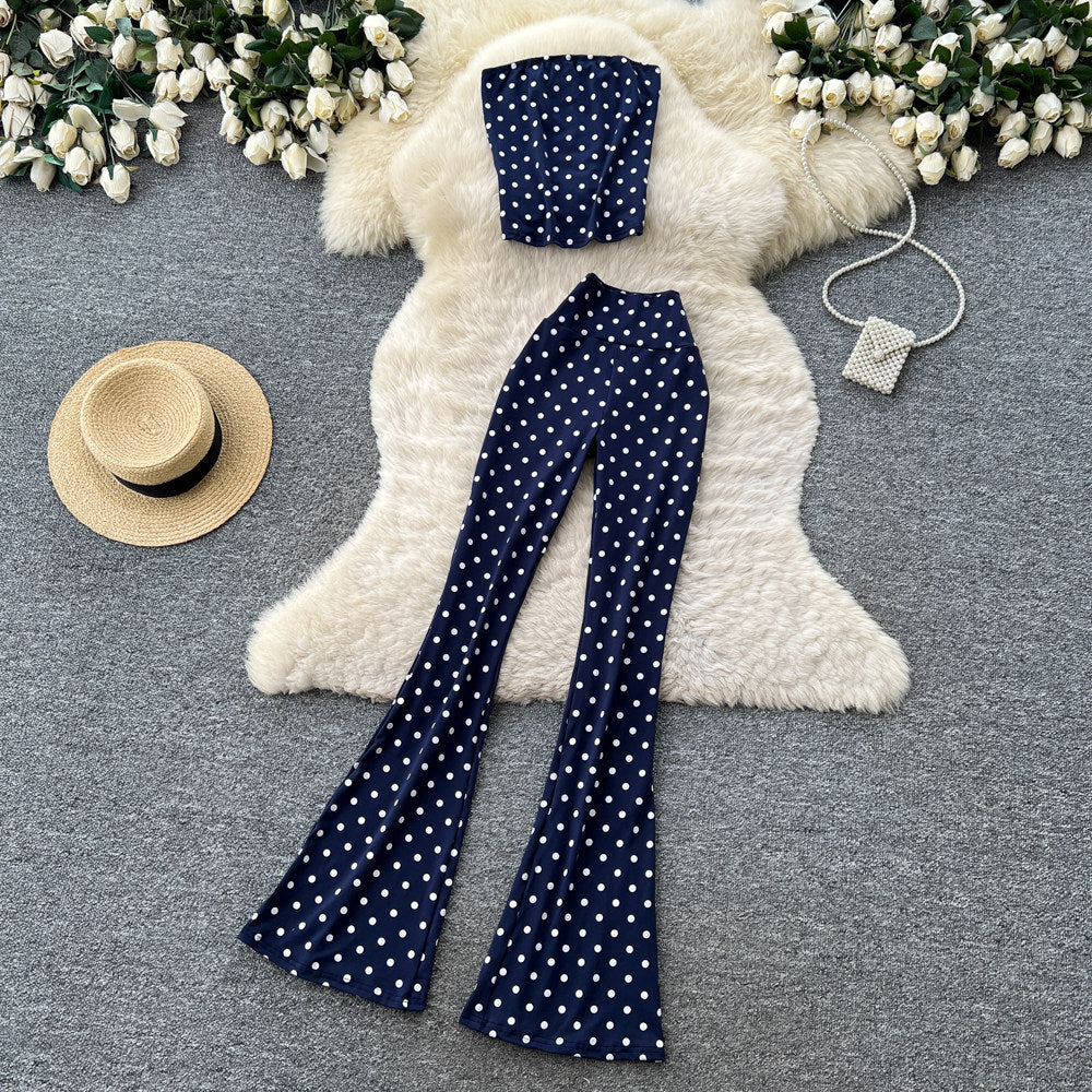 Retro polka dot tube top vest high waist bootcut pants women's summertwo-piece setwork clothing style silmslimming lookcasualsuit