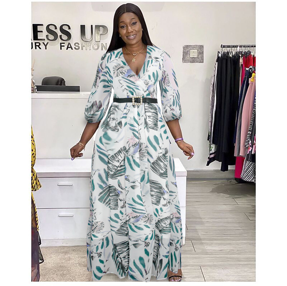 African women's clothing   new sexy v-neck printed dress european and american  long maxi skirt + belt