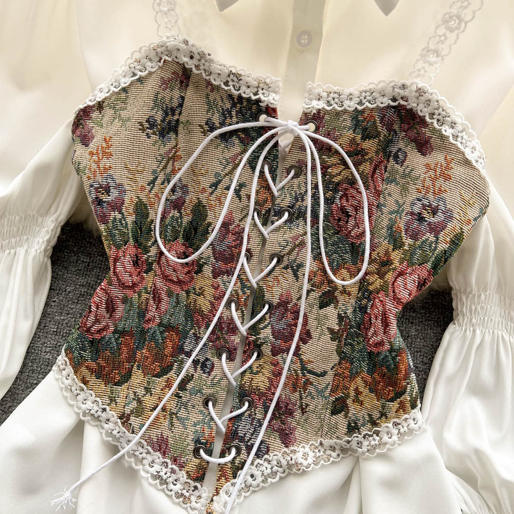 spring/summer new arrival: designer retro floral tie-up vest overdress, midi a-line puff shirt dress