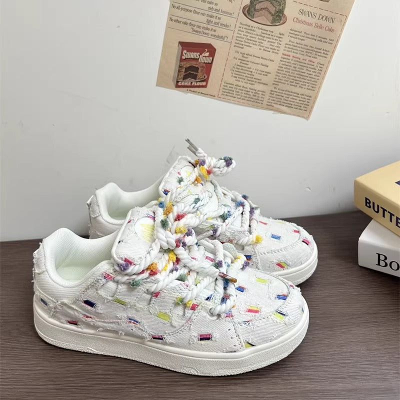 Fairy bean rainbow grid canvas sneakers women's autum breathable thick solewhite student shoes easiest for matchniche style sports casual shoes