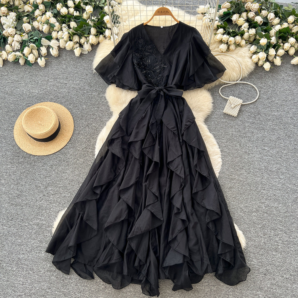 French chic v-neck flutter sleeve dress - new  collection: slimming, figure-flattering, ruffle hem maxi dress for an elegant and refined look