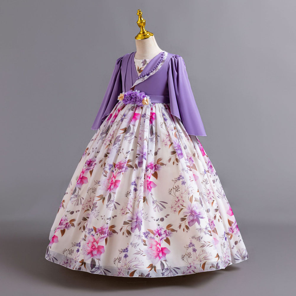 New floral girl's dress chiffon long sleeve princess dress first birthday piano performance dress baby dress