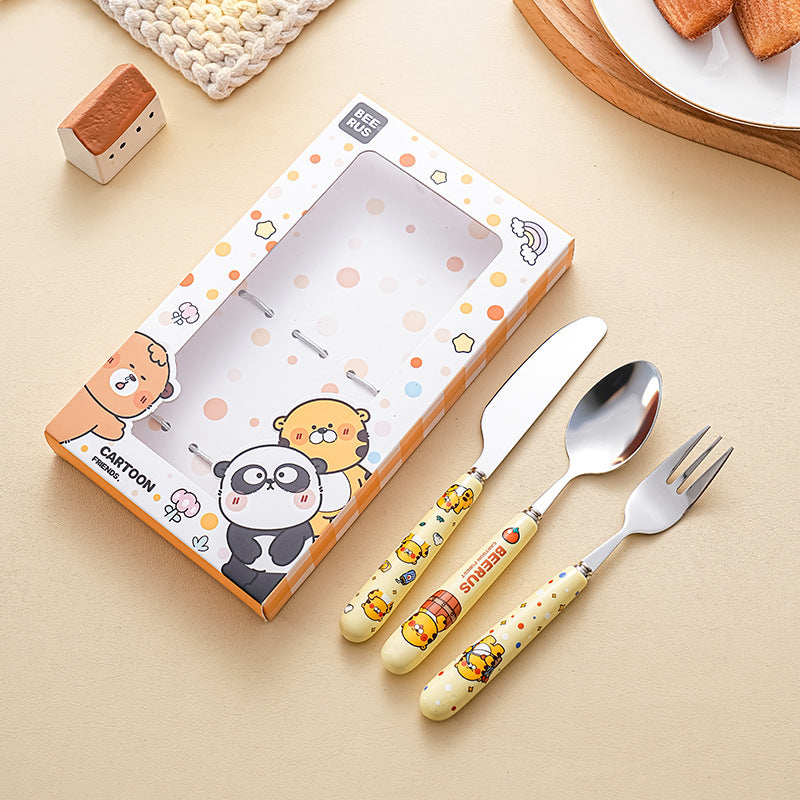 Color boxed portable spoon, cute fork for elementary school students, 304 stainless steel cutlery three-piece set, diy combinable, ready stock