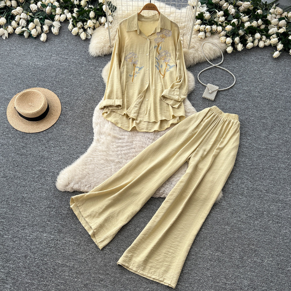 export lazy style embroidered long-sleeve shirt and wide-leg pants two-piece set - women's spring/autumn commute chic fashion outfit