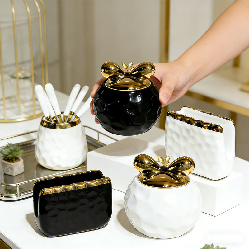 Nordic light luxury ceramic desktop tissue box storage jar three-piece set - household fruit fork & floss container combo - wholesale